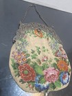Antique Early Deco Glass Bead Flower Roses Purse Silver Frame Cherubs Putti
