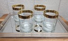 Vtg Mid Century Modern 6oz Bar Glasses Embossed Gold Rim Set Of 4 W  Glass Tray
