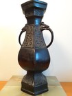Antique Chinese Bronze Vase With Archaic Hexagon Form  With Dragon Head Handle