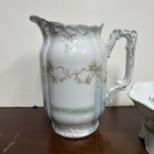 Antique Silesia Mint Green Floral Raised Relief Gold Water Pitcher With Bowl