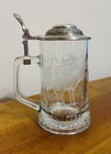 Vtg German Elk Etched Clear Glass Beer Stein Mug Tankard Hinged Pewter Lid