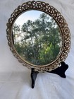 Vtg Round Glass Mirror Vanity Tray Ornate Gold Tone Brass Perfume Filigree
