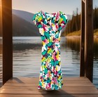 Vtg Albert Nipon 1980s Colorful Floral Tea Dress Silk Flutter Sleeve  size  Euc