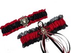 Wedding Garter Set Red Satin Black Lace Wedding Prom Bridal Rhinestones Toss