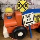 Vintage Playskool Wooden Pull Toy  Rare Road Worker With Signs 