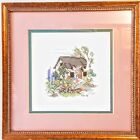 Finished Cross Stitch Cottage W Garden 10 5  10 75 Framed Country Vintage 1991