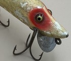 Vintage Heddon Vamp Fishing Lure   Wood W  Glass Eyes
