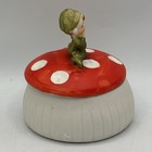 Vtg Pixie Elf On Polka Dot Mushroom Figurine Ceramic Trinket Box Red White Green