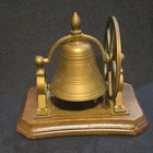 Vintage Brass Nautical Desk Bell Wood Base Flywheel Ship Bell 1970s