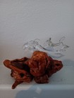 Vintage Hand Blown Art Glass Dolphins Burl Wood