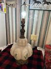 Vintage Table Parlor Lamp Bubble Glass Brass Light Blue Floral Design