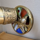 Brass Kaleidoscope On Ornate Stand  Multicolor Stained Glass Wheel
