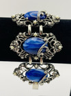 Vintage Royal Blue Marbled Lucite Cabochon Ornate Bracelet   Earrings Stmt