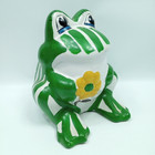Frog Bank Vintage Painted 5 5  Ceramic Green White Stripe 1960s With Stopper