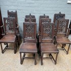 Set Of 10 Antique French Gothic Oak Dining Chairs  2 Armchairs