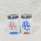 Vintage 1930 s Hazel Mckee Atlas Milk Glass Sailboat Salt   Pepper Shakers