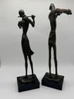Vintage Man   Woman Playing Flute   Violin Bronze Metal Art Statue Sculpture