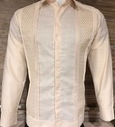 Mexican Guayabera Wedding Dress Shirt Beige Cream Gold Embroidery Long Sleeve