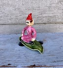 Vintage 1950   s Ceramic Pixie Elf Figurine Sitting On A Green Leaf Made In Japan 