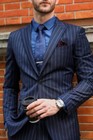 Striped Men s Suit Navy 2pcs Wedding Groom Tuxedos Peak Lapel Jacket Slim Blazer