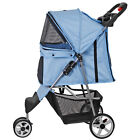3-wheels Foldable Pet Stroller Dog Cat Carrier Trolley Cart With Cup Holder Blue