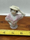 Vintage Porcelain Pin Cushion Half Doll  Pink Dress And Hat Japan