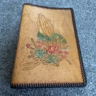 Hand Crafted Leather Bible Cover Embossed Floral Praying Hands Jesus Loves You