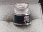 Sterling Silver Vintage Thimble W  Enamel Black   Rose Pattern   75  X  6 
