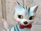 Vtg Lipper   Mann Blue And Pink Cat W  Stripes Red Bow Yellow Eyes Japan Kitschy
