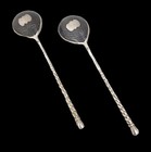 Pair Of Antique Imperial Russian Niello Enamel 84 Silver Gilded Caviar Spoons