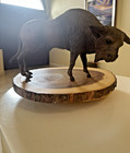 Vintage Leather Wrapped Bison buffalo W  Glass Eyes - 15 l X 9 h