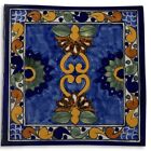 Hand Painted Talavera Tiles Made By La Corona Family Blue   Orange Marigold Tile