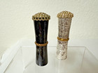 Pair Vintage Revlon 585   587 Lipstick Tube Holder Textured Metal Rhinestone Top