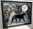 1980s Art Deco Revival Style Panther Mirrored Reverse Glass Painting Laurel Art