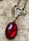 Art Nouveau Necklace Brass Floral Lavalier Pendant W  Antique Red Czech Glass