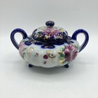 Antique Nippon Flow Blue Floral Creamer   Lidded Sugar Bowl Set Melon Gold Gilt
