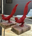 Vtg Red Cast Iron French Pheasant On Marble Books Bookends 8   h