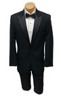 Men s Jean Yves Black Tuxedo 40r Jacket   34w Pants Satin Peak Lapels 100  Wool