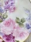 Hand Painted Porcelain Plate 6 1 2x8 1 2 Inch Pink Roses  violets Signed Shabby