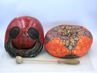 Antique Japanese Buddhist Objects Wooden Big Mokugyo Drum With Cushion