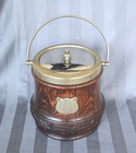 Vintage English Biscuit Barrel Humidor Oak Wood Silverplate Trim Porcelain Liner