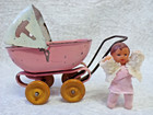 Vintage Toy Metal Stroller Carriage Buggy With Wood Wheels   Rubber Baby Doll