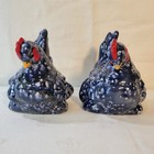 Vintage Pair Of Two  Ceramic Blue Speckled Hens Figurines Farm Kitchen Decor