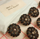 8 Vintage 7 Petal Black Bronze Czech Glass Shank Buttons Rhinestone Center  483