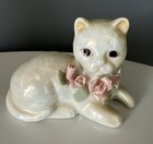 Vintage Iridescent Cat Figurine Pink Rose Porcelain Necklace Ceramic Retro