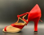 Women s Sz 7 5 Red Leather Salsa Ballroom Latin Dance Shoes 3  Heel With Mesh