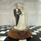 Vintage 1940 s 50 s Wedding Cake Topper Bride   Groom In Glass Dome Wood Base