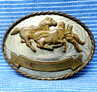 Steer Wrestling Cowboy Belt Buckle Western Trophy Rodeo Nickel Silver Vtg bmw837