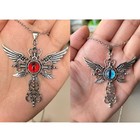 2 Pack Vintage Gothic Winged Cross Necklaces   Red   Blue Evil Eye Pendant Set