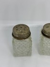 Vintage 50s Mcm Mini Diamond Cut Clear Glass Salt   Pepper Shakers Silver Plate